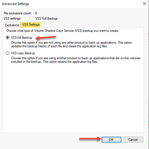 Advanced Settings dialog VSS Settings tab with VSS full backup option selected