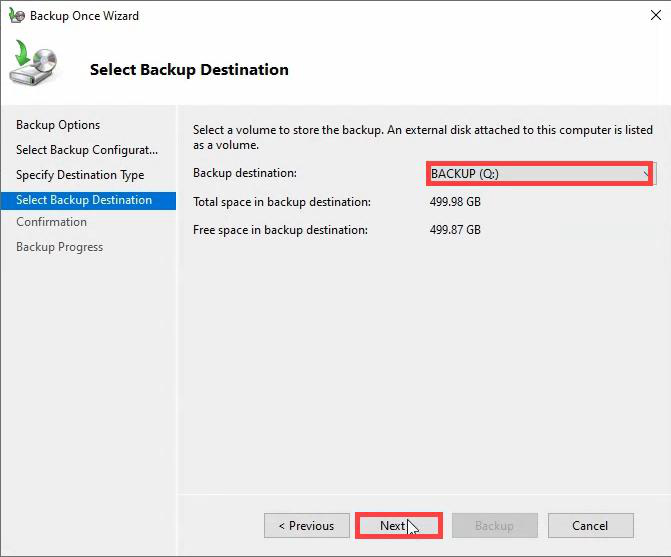 Select Backup Destination page with the dedicated backup volume already selected by default