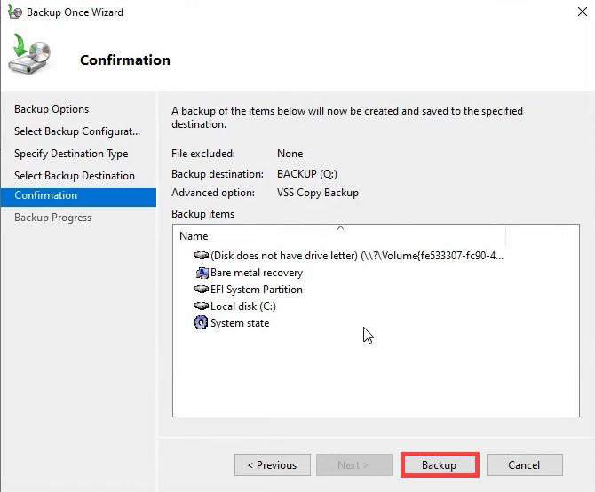 Confirmation page showing system state backup items destination and Backup button visible