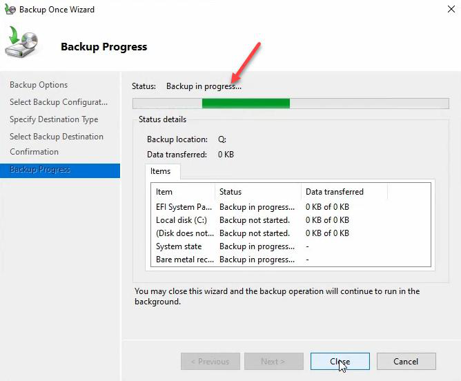 Backup progress page showing shadow copies being created and files being found for system state backup
