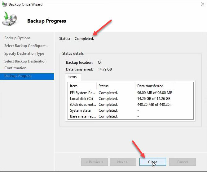 Backup progress page showing files being transferred and current status of system state backup