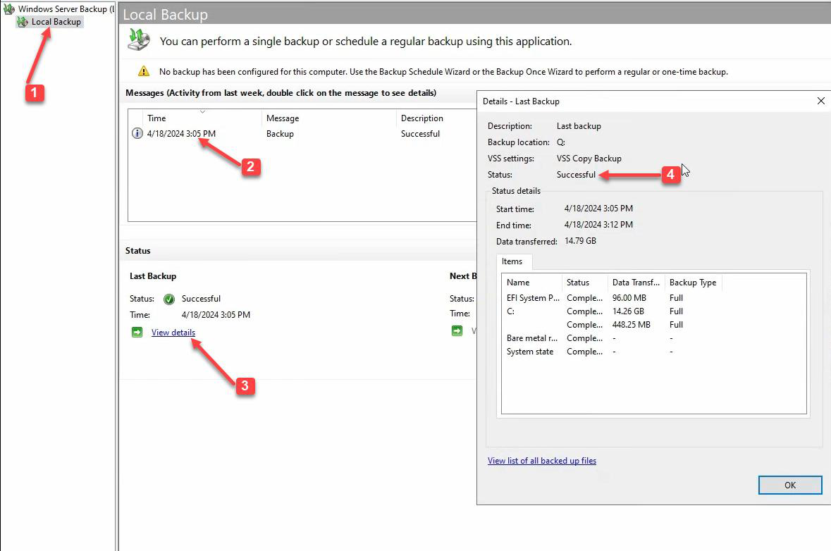 Backup completed page with status Completed and item System state confirming successful AD database backup