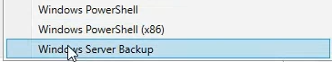 Server Manager Tools menu open with Windows Server Backup option highlighted
