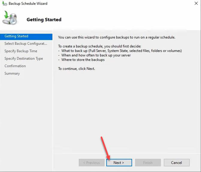 Backup Schedule Wizard Getting Started page with Next button visible