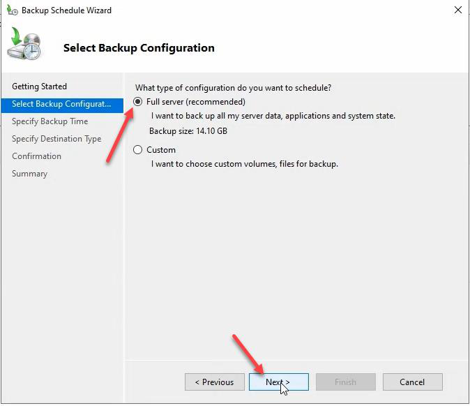 Select Backup Configuration page with Full server backup option selected