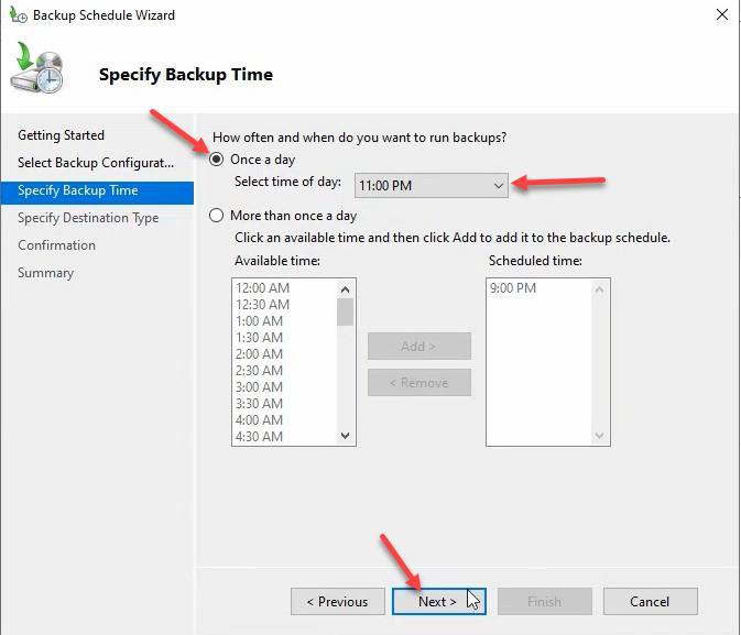 Specify Backup Time page with Once a day option selected and 11 PM time picker shown