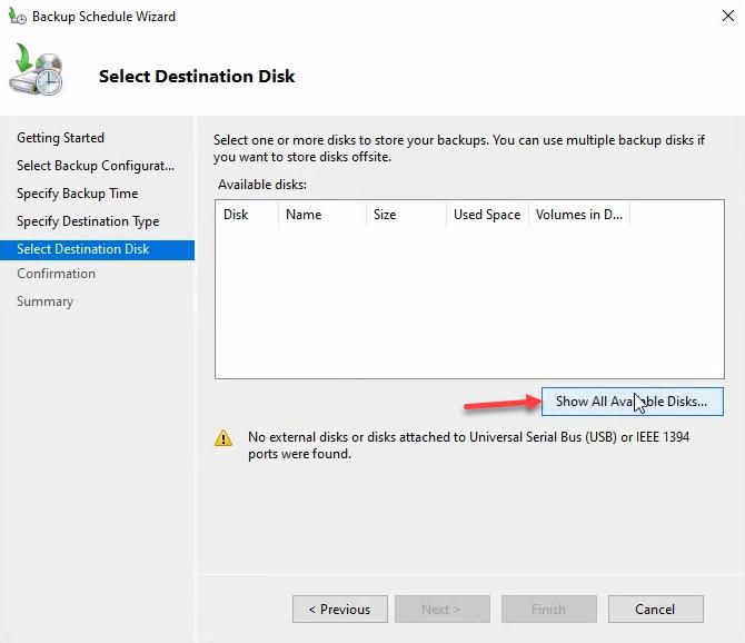 Select Destination Disk page with Show All Available Disks button highlighted
