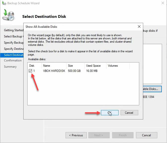 Show Available Disks dialog with the dedicated backup disk listed and checkbox selected