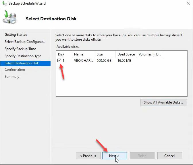 Select Destination Disk page with the chosen disk now visible in the list
