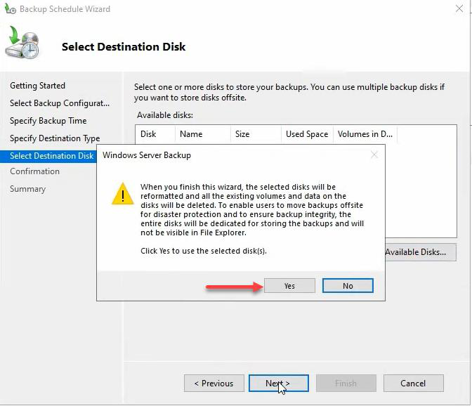 Warning dialog explaining the destination disk will be formatted and asking to confirm with Yes