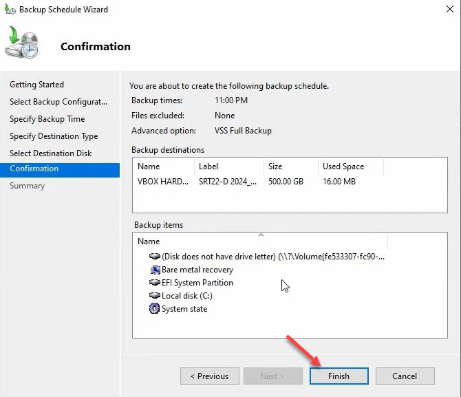 Confirmation page showing the summary of backup settings with Finish button visible