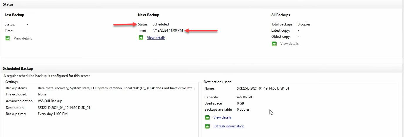 Windows Server Backup console showing scheduled backup configured with next run time 11 00 PM listed