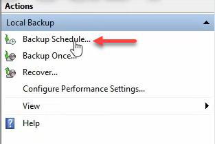 Windows Server Backup console with Backup Schedule action selected from the Actions pane to modify schedule