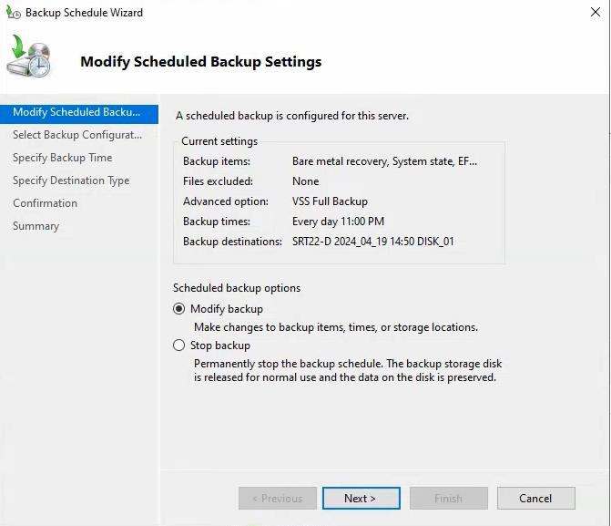Modify Scheduled Backup Settings dialog with Modify backup and Stop backup options visible