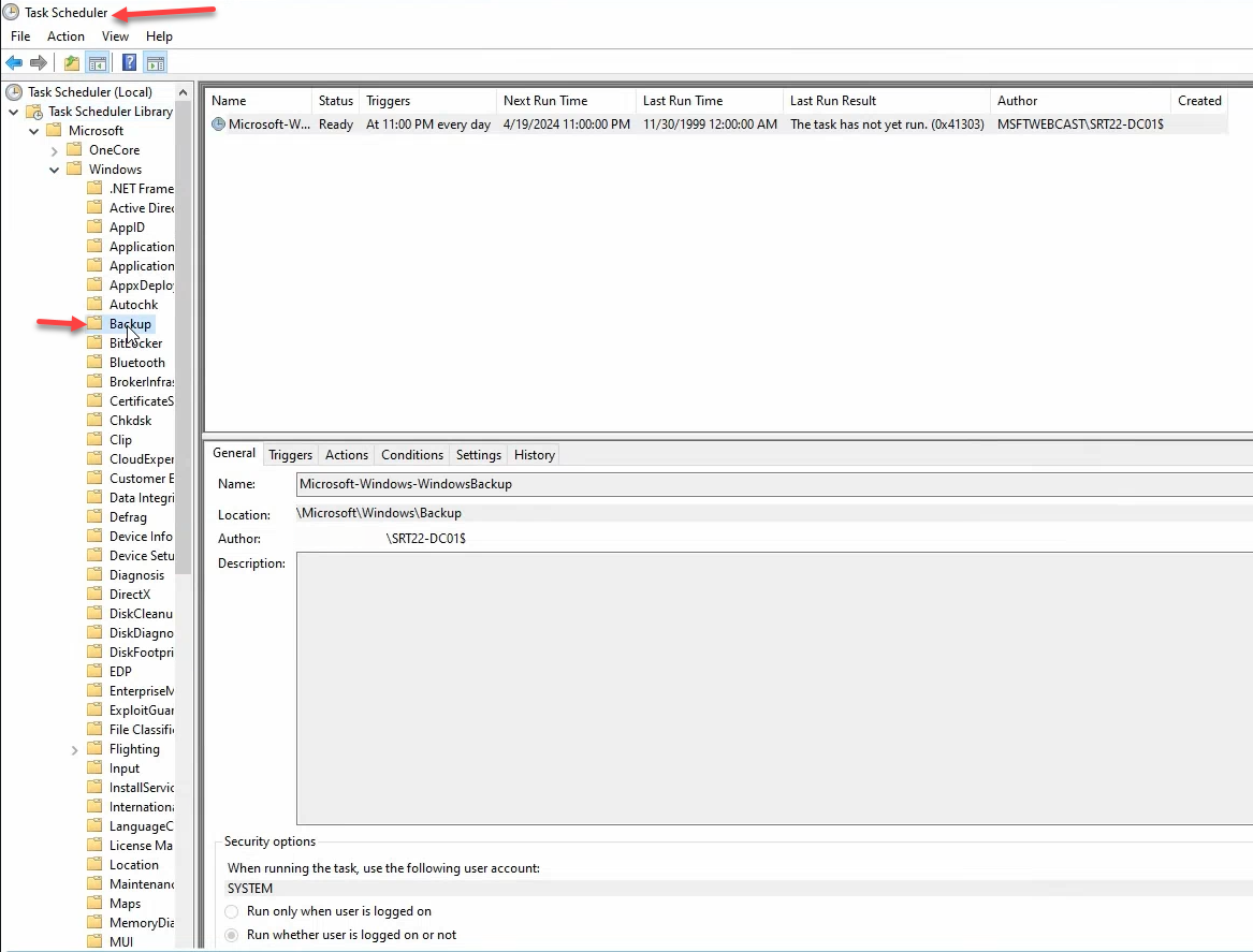 Task Scheduler console with Task Scheduler Library Microsoft Windows Backup branch expanded showing the scheduled backup task