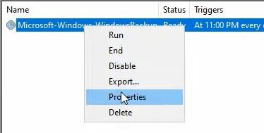Task Scheduler right click context menu on the backup task with Properties option highlighted