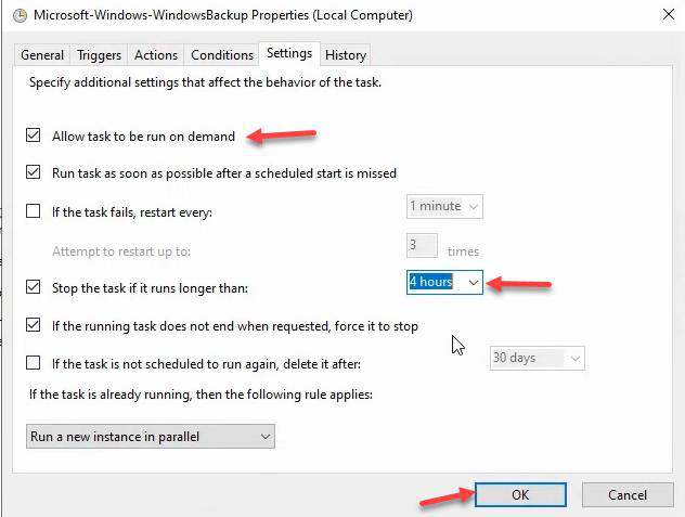 Task Properties Settings tab with Allow task to be run on demand checkbox selected and stop after 4 hours timeout
