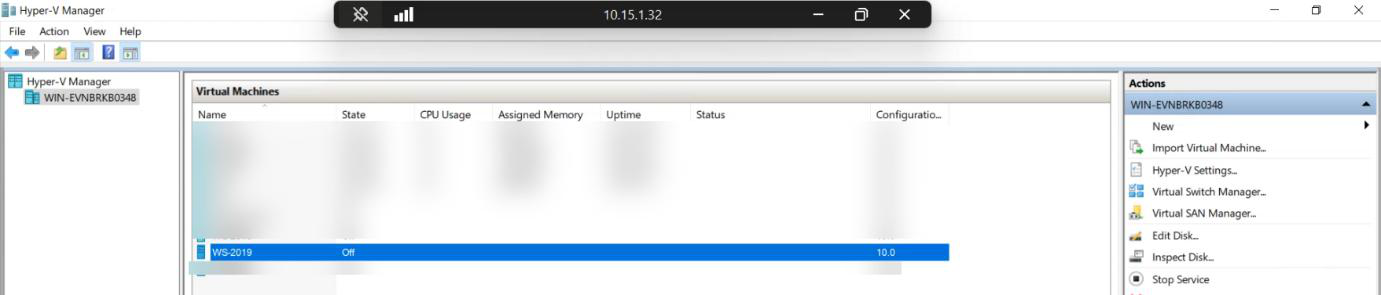 Hyper-V Manager showing the lab VM that will be used for the bare metal backup and restore test
