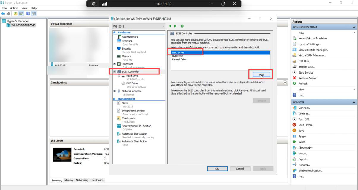 VM Settings dialog SCSI Controller selected with Hard Drive add option highlighted