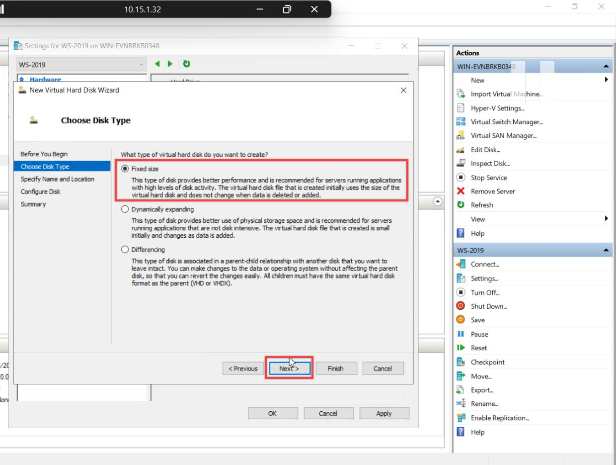 Choose Disk Format step with VHDX selected and Next button visible
