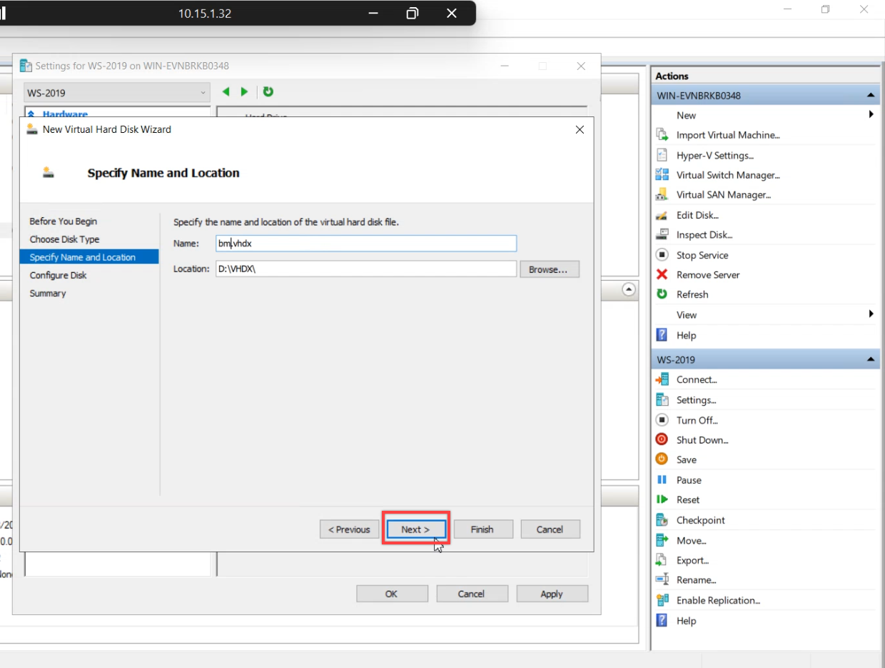 Choose Disk Type step with Fixed size option selected