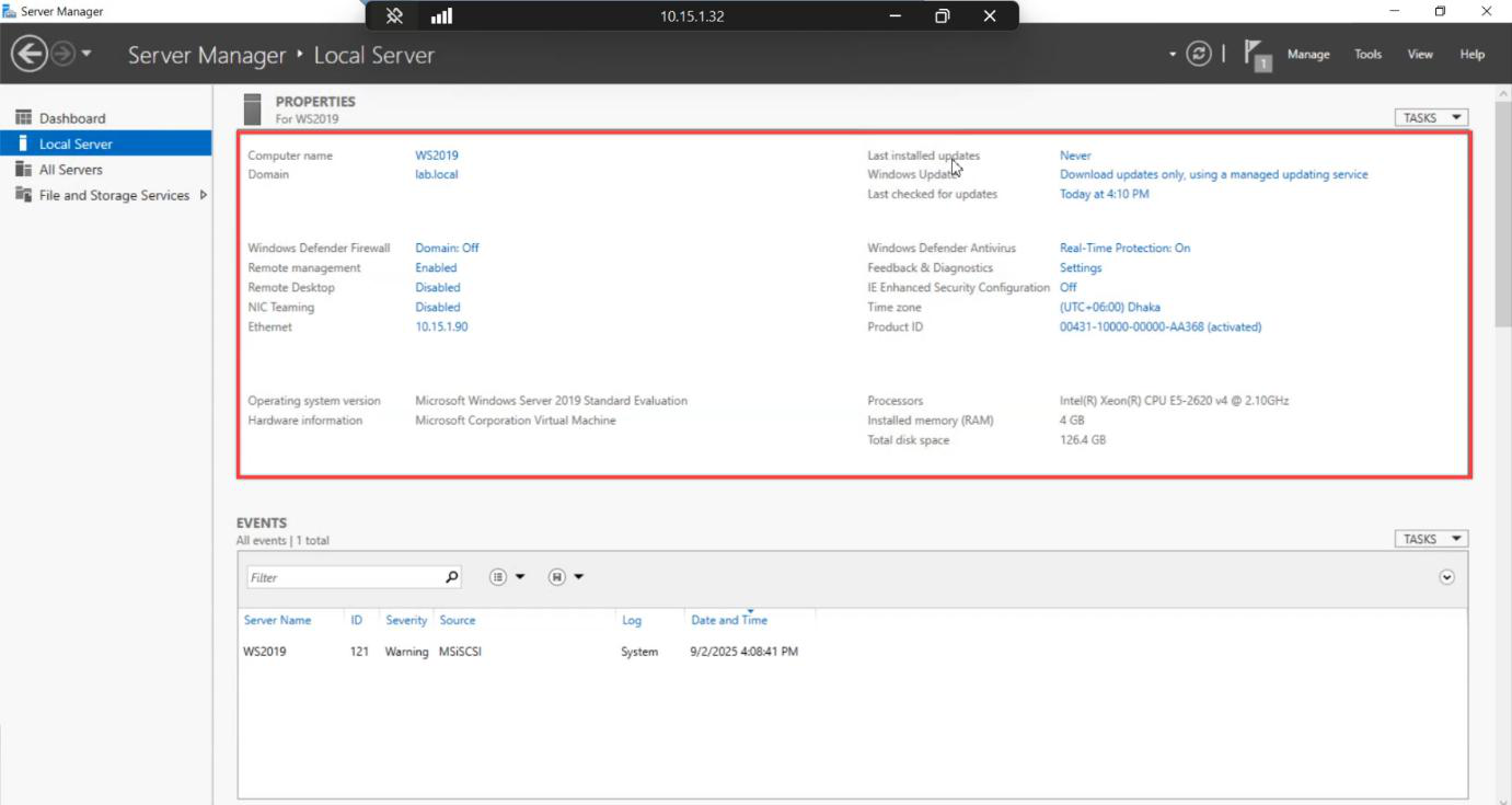 Server Manager dashboard inside the lab VM after logging in showing local server view