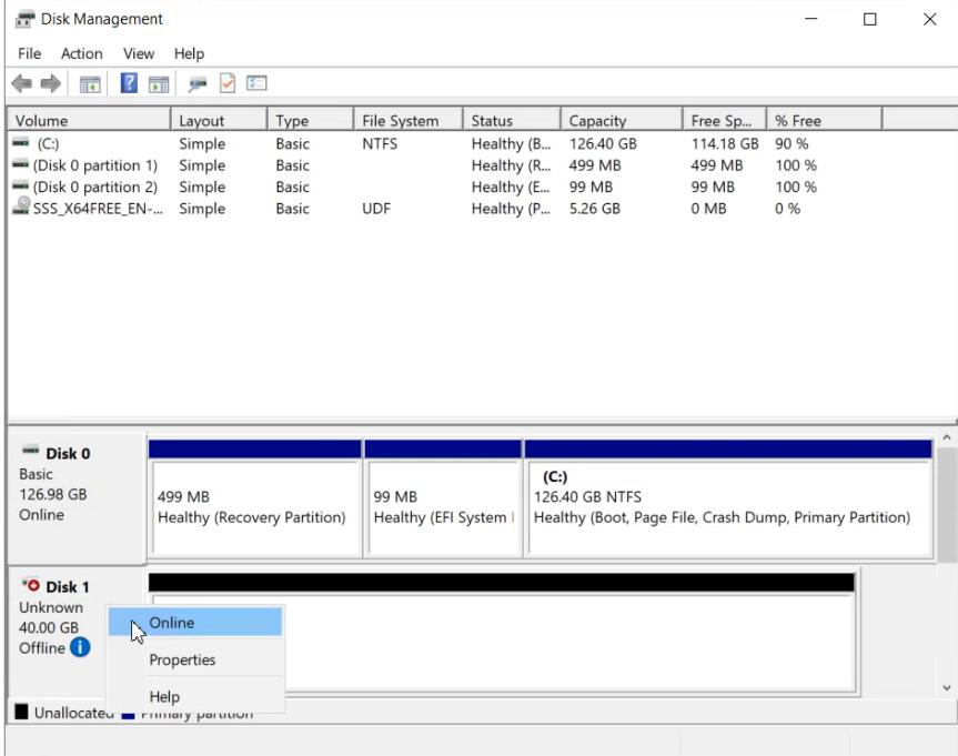 Disk Management console showing the new offline disk highlighted with Online context menu option