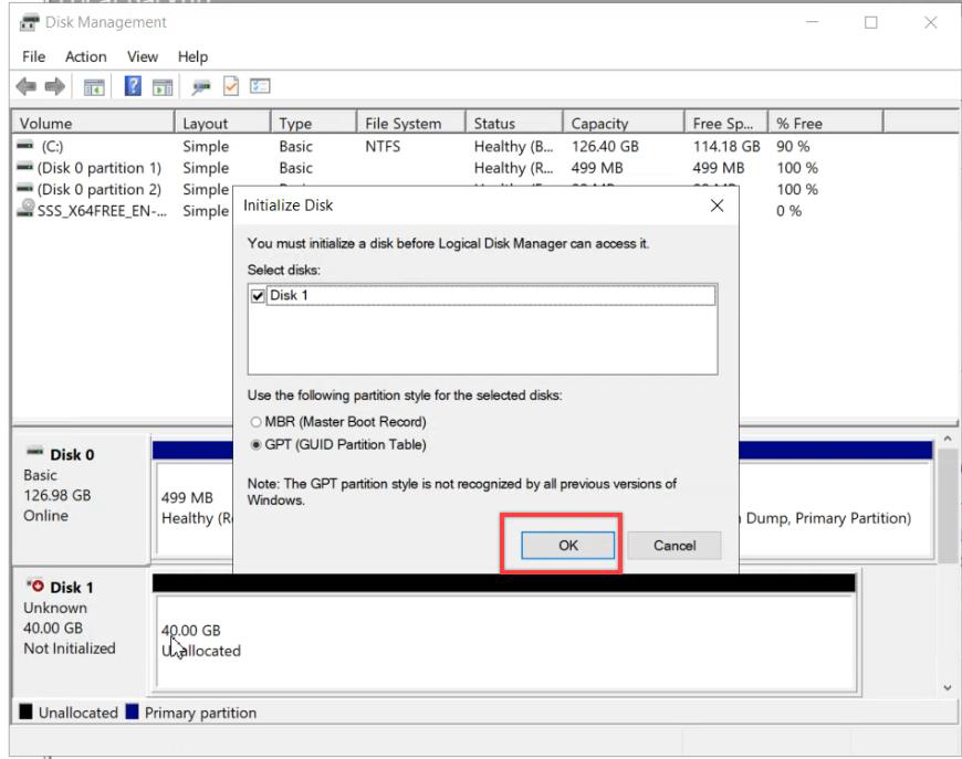 Initialize Disk dialog with GPT partition style selected and OK button visible