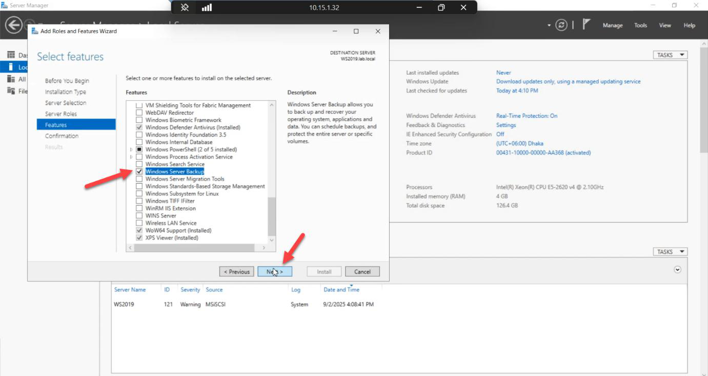 Server Manager Add Roles and Features wizard showing Windows Server Backup feature being added