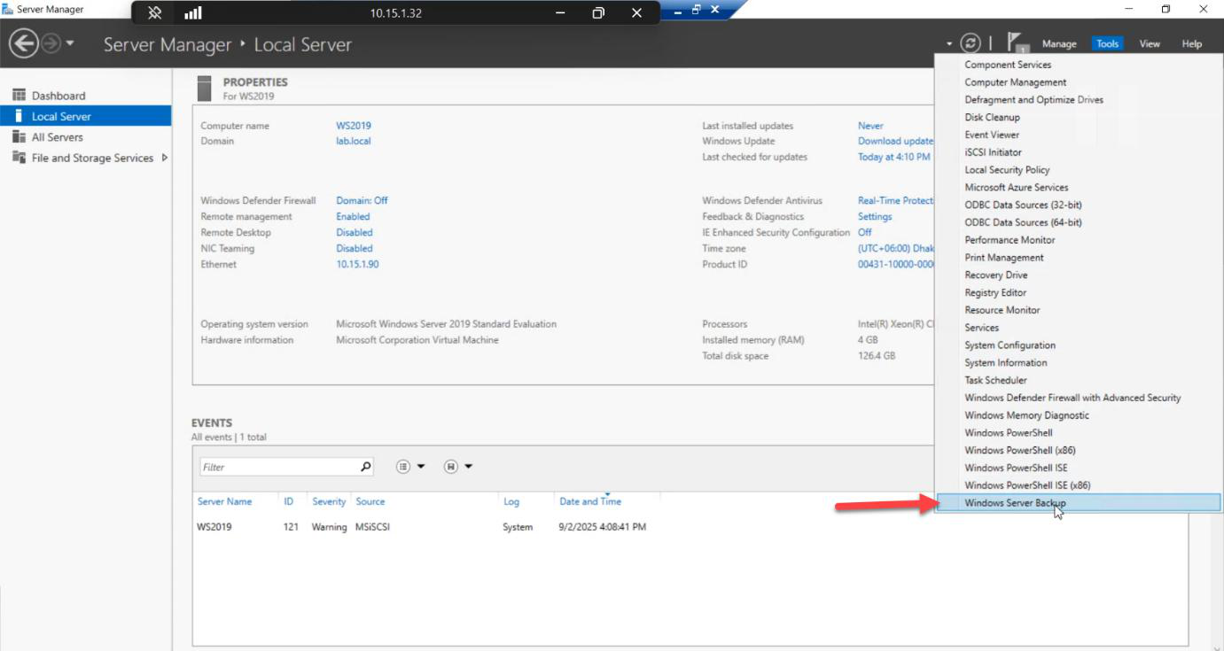 Server Manager Tools menu open with Windows Server Backup option highlighted