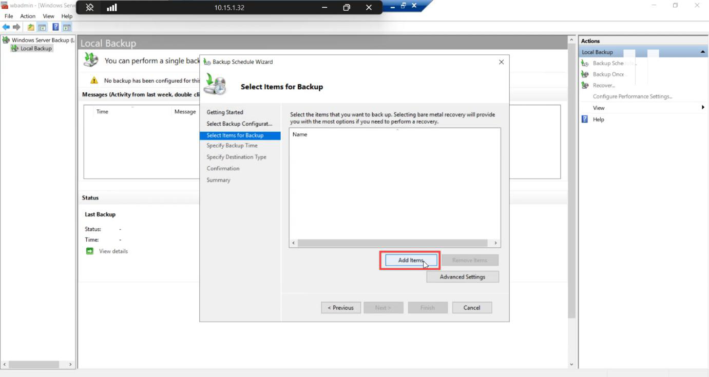 Select Items for Backup page with Add Items button visible