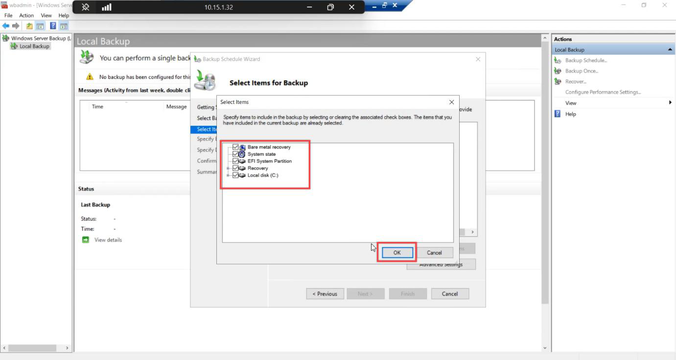 Select Items dialog with Bare metal recovery checkbox ticked to include OS volume and system state