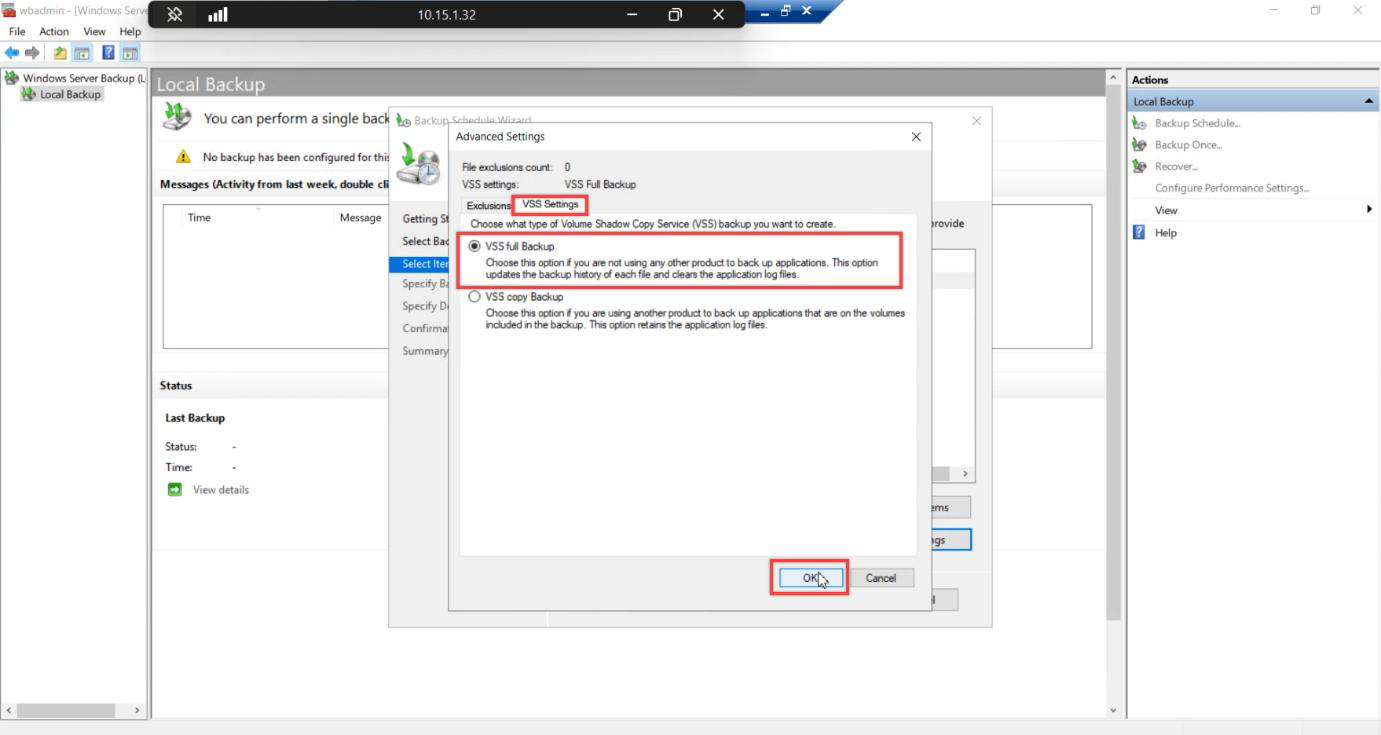 Advanced Settings dialog VSS Settings tab with VSS full backup option selected