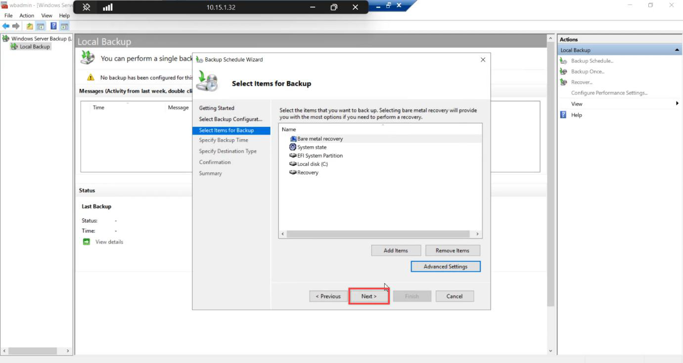 Select Items page after Advanced Settings closed showing items confirmed with Next button visible