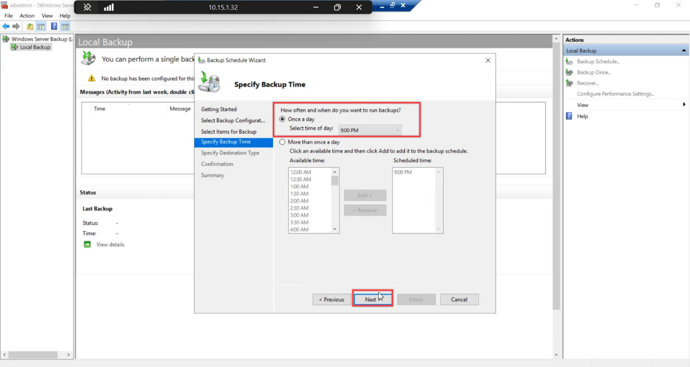 Specify Backup Time page with default daily schedule retained for the test backup