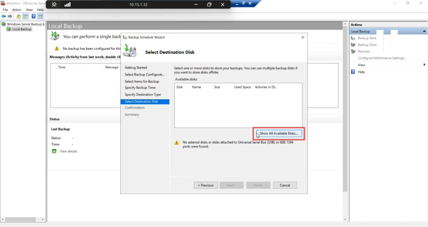 Select Destination Disk page with Show All Available Disks button highlighted
