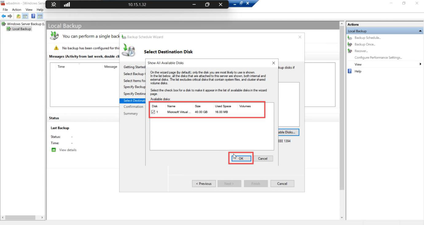 Show Available Disks dialog with the newly attached backup VHDX checked