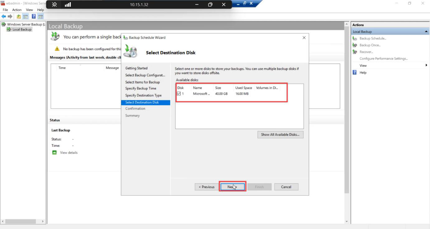 Select Destination Disk page now showing the chosen disk in the list