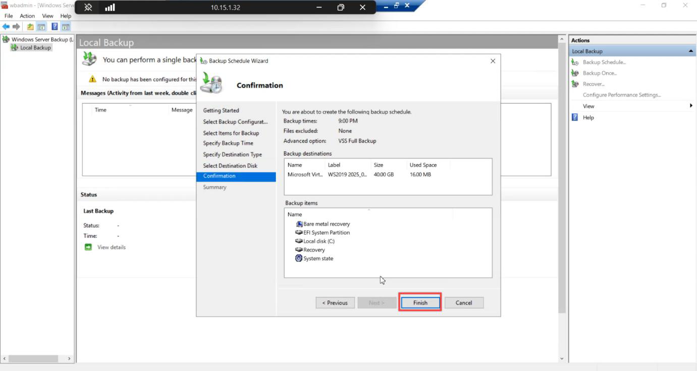 Confirmation page showing summary of bare metal backup schedule with Finish button