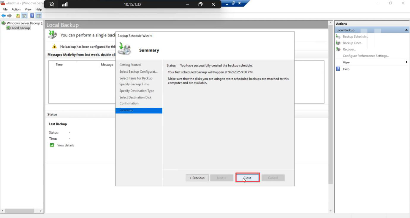 Summary success page showing You have successfully created the backup schedule