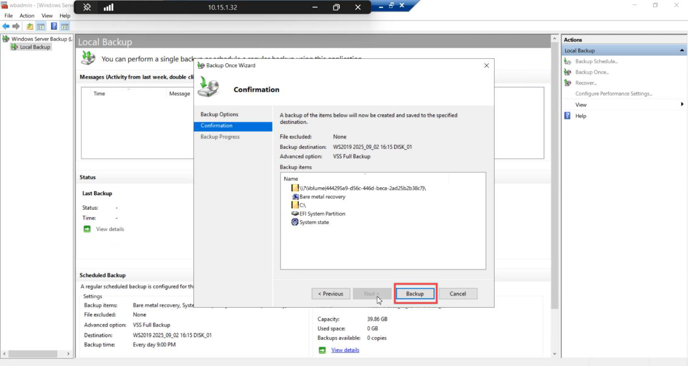 Confirmation page for Backup Once with Backup button highlighted to start the run