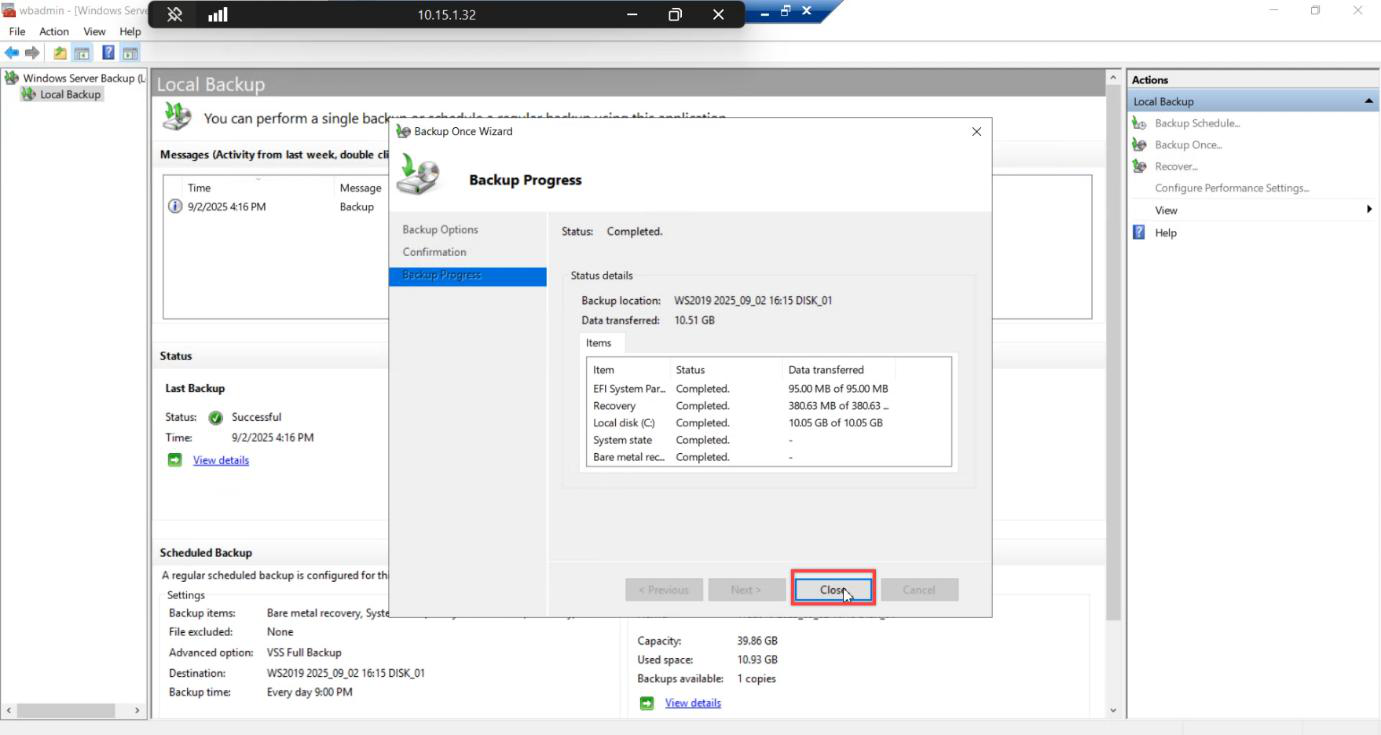 Backup completed page showing successful bare metal backup with Close button