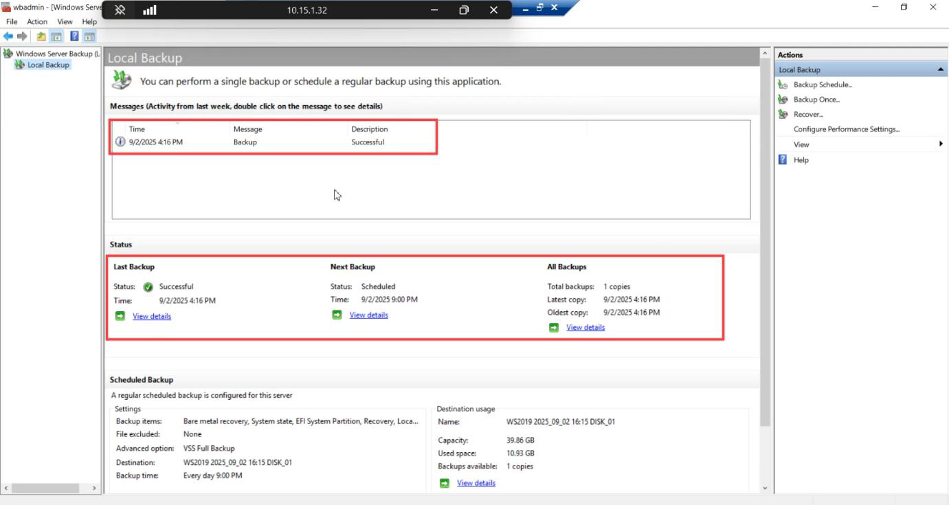 Windows Server Backup console showing the new bare metal backup in the recent activity pane with backup details