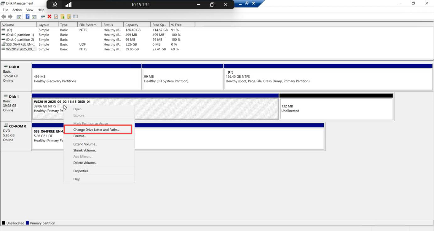 Disk Management console with the backup destination disk right click menu showing Change Drive Letter and Paths option