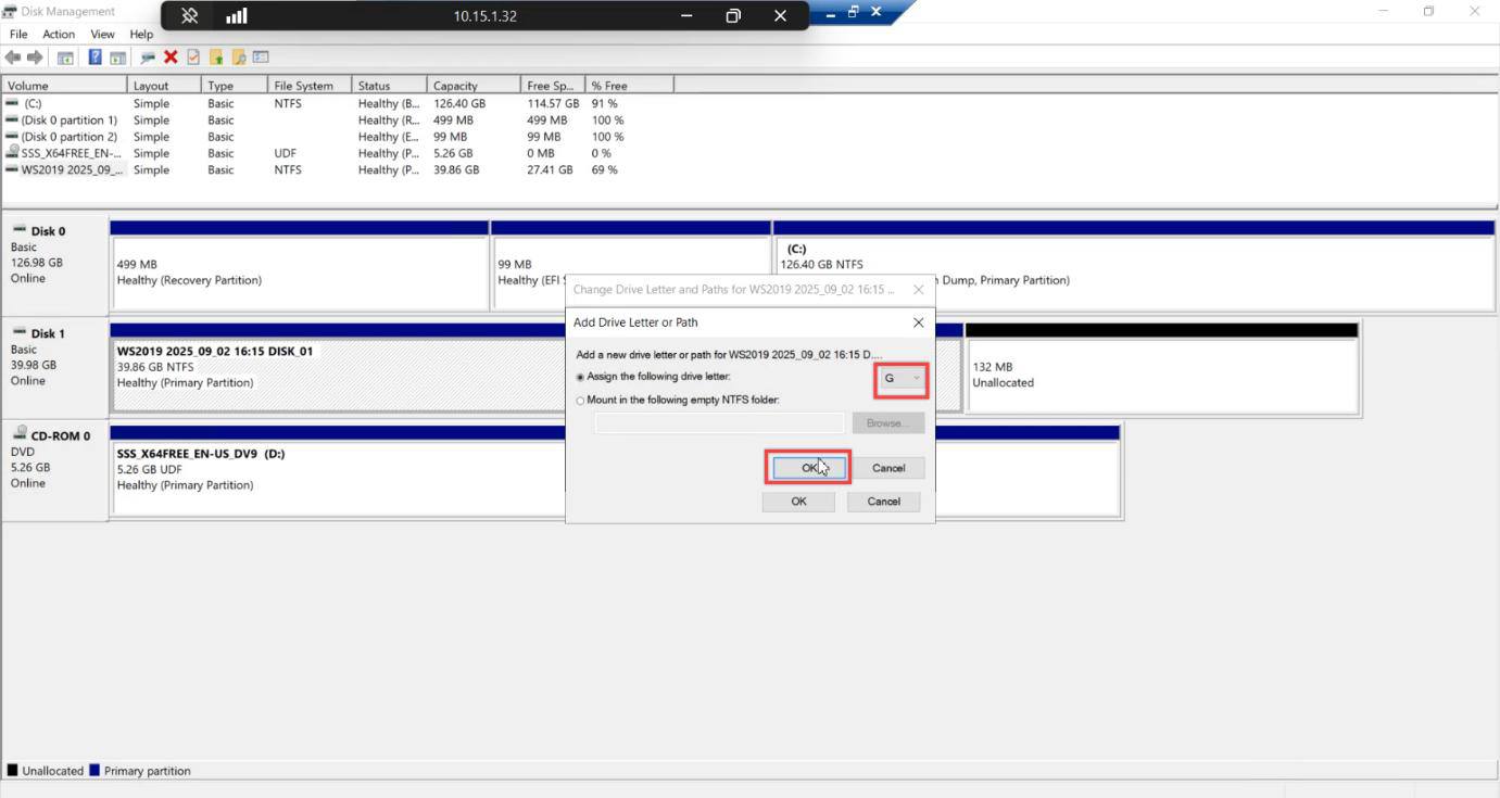 Add Drive Letter dialog with letter selected and OK button visible