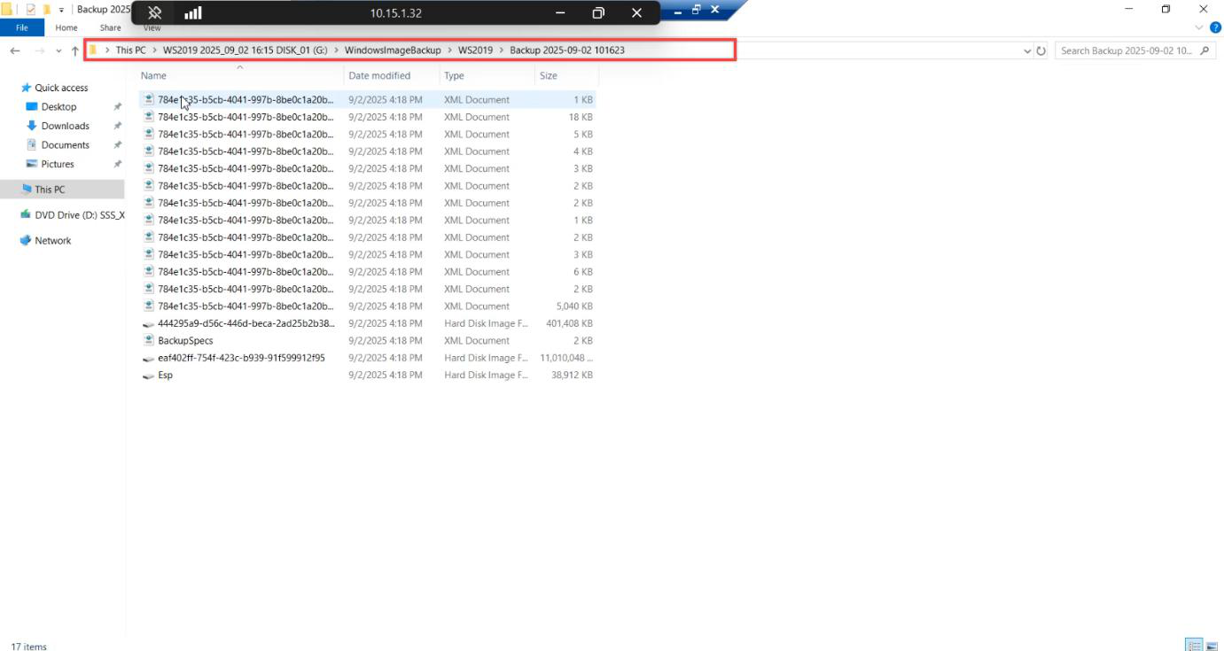 File Explorer showing the contents of the WindowsImageBackup folder including the per server subfolder with VHD files