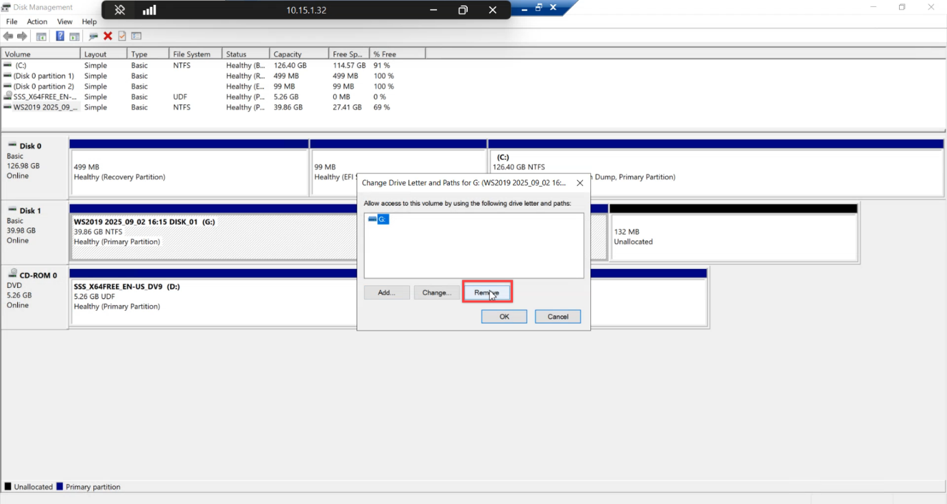 Remove Drive Letter confirmation dialog with Yes button to unassign and re lock the disk