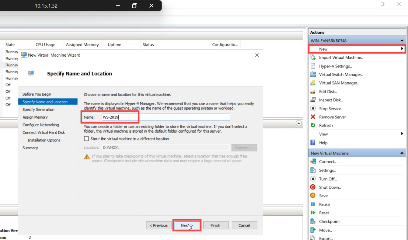 New Virtual Machine Wizard with VM name entered for the replacement VM that will receive the bare metal restore