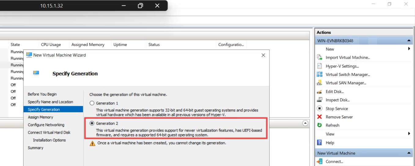 Specify Generation step with Generation 2 selected to match the original VM UEFI boot configuration