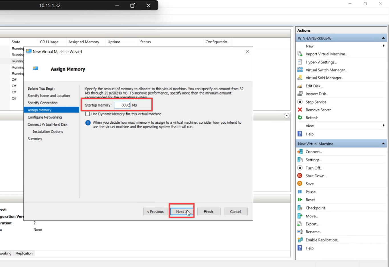 Assign Memory step for the replacement VM with the same memory as the original